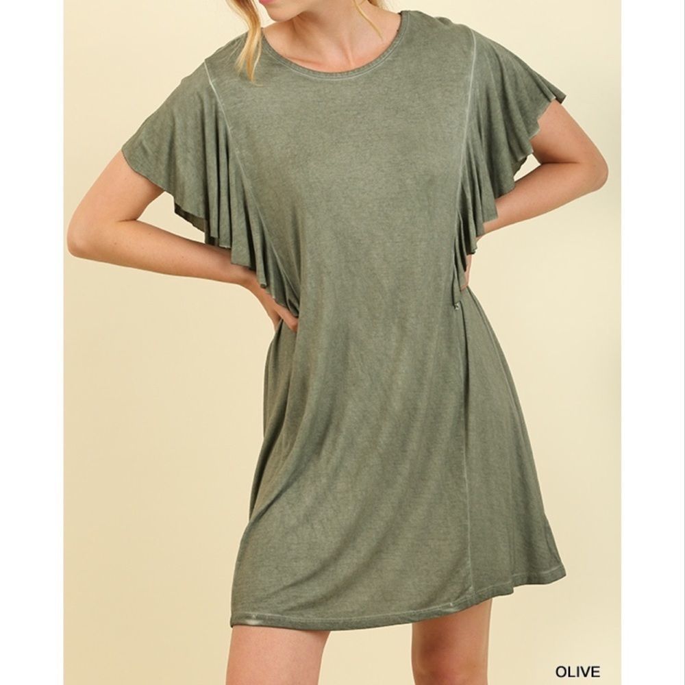 NEW Umgee Olive Washed Ruffle Sleeve Dress
